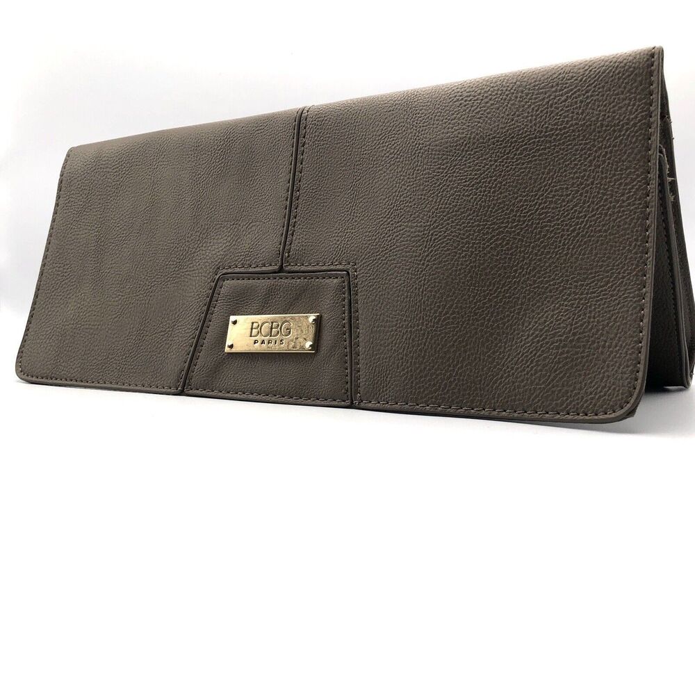 BCBG Paris Clutch Purse Smokey Taupe Gold Logo Magnetic Closure Casual Handbag